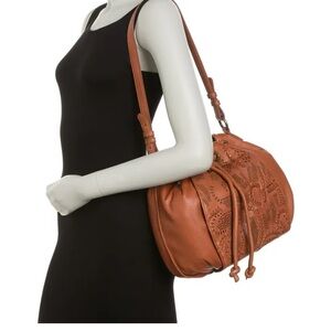 FRYE Vivian Perforated Leather Drawstring Bucket Bag Tan Brown Boho Chic